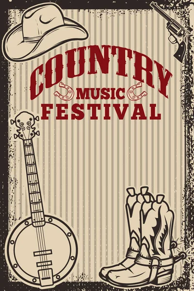 Modelo de cartaz de festival de música country. Chapéu de cowboy, botas de cowboy —  Vetores de Stock