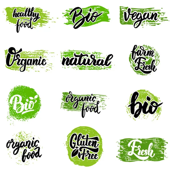 Juego de emblemas dibujados a mano. Alimentos ecológicos, alimentos orgánicos, bio, vegano, n — Vector de stock