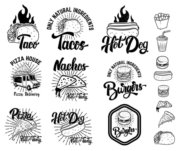 Conjunto de emblemas de comida rápida. Taco, hot dog, nachos, hamburguesas, pizza . — Vector de stock