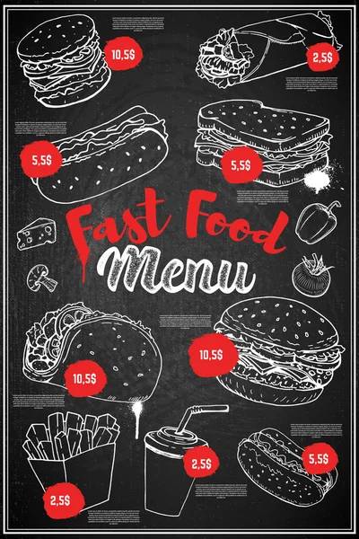 Layout de capa de menu fast food. Cardápio quadro com mão desenhada doente — Vetor de Stock