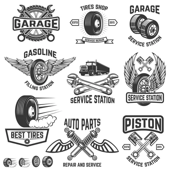 Garage, tankstation, auto-onderdelen te slaan, tankstation badge — Stockvector
