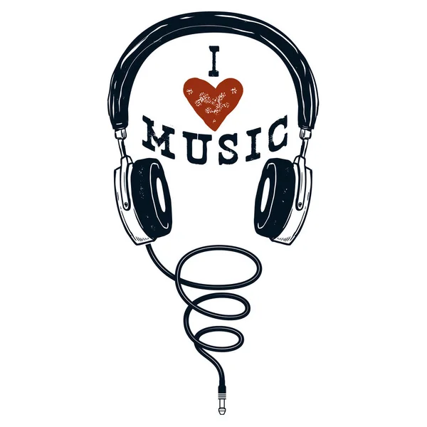 Miluji hudbu. Ručně kreslenou sluchátka. Prvky pro plakát, — Stockový vektor