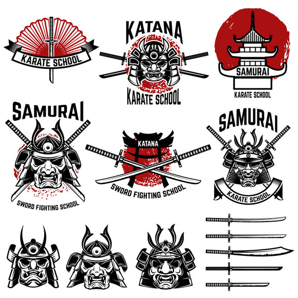 Школьные ярлыки карате. Самурайские мечи, самурайские маски. Японское у.е.
