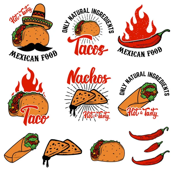 De la nourriture mexicaine. Nachos, burrito, illustrations de tacos. Éléments de design — Image vectorielle