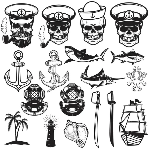 Set of nautical elements. Anchor, fish, shark, ship, octopus. Sa — Stock Vector