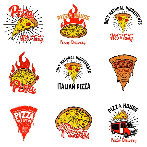 ピザ ラベルのセット。ポストのロゴ、エンブレム、看板、デザインします。 — ストックベクタ