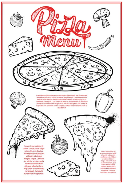 Layout der Pizzakarte. Menütafel mit handgezeichneten Illustrationen — Stockvektor