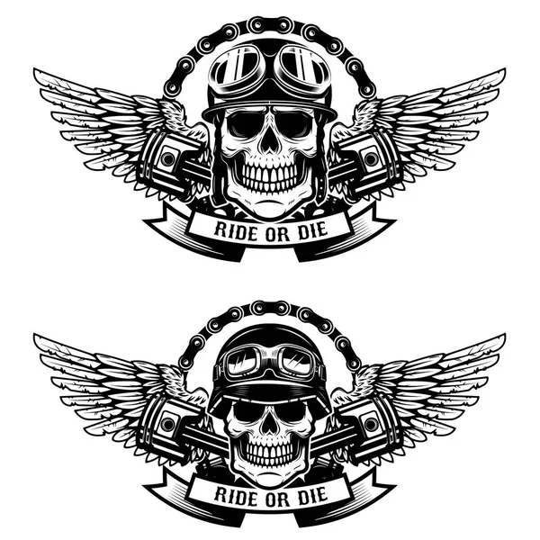 Ride or die. Set of the skulls in racer helmets with wings isola — Stock Vector