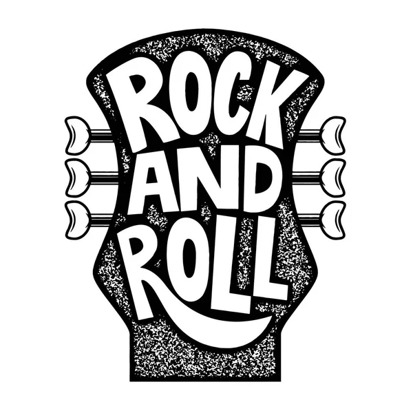 Rock and roll. Frase dibujada a mano sobre la guitarra cuello cabeza fondo . — Vector de stock