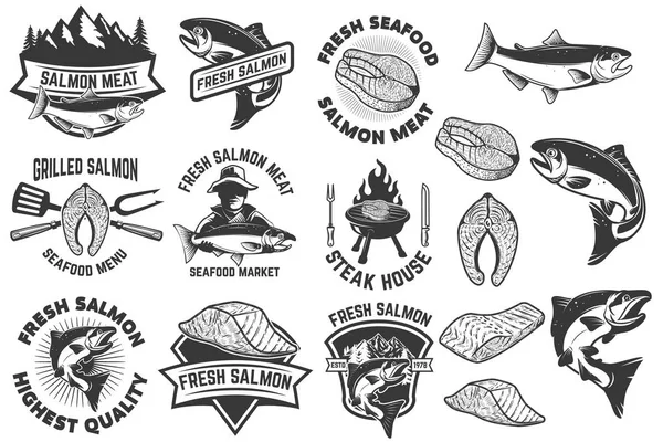 Etiquetas y distintivos de carne de salmón. Parrilla de mariscos. Filete de pescado. Diseño — Vector de stock