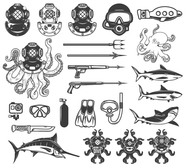 Gran conjunto de iconos de buceo. Equipo de buceo, armas, animales marinos. D) — Vector de stock