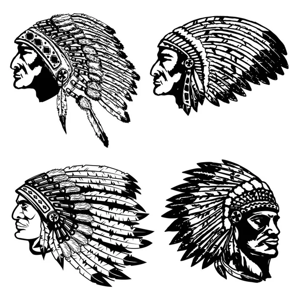 Set di teste di nativi americani in copricapo. Elementi di design per l — Vettoriale Stock