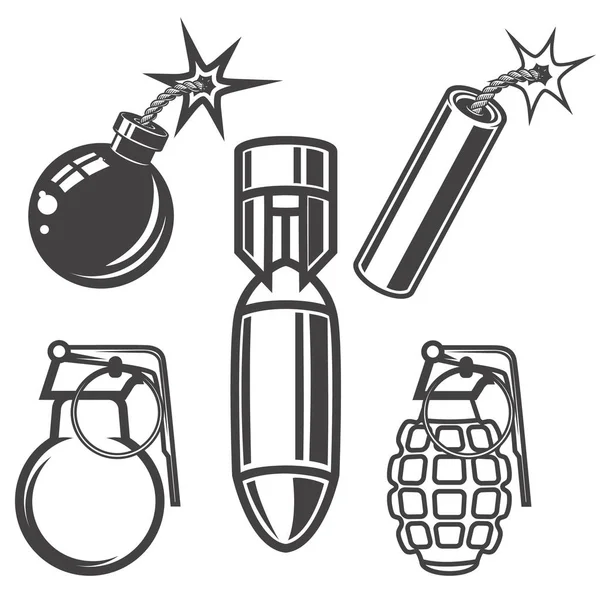 Conjunto de bomba, granada, ilustrações de bastão de dinamite nas costas brancas —  Vetores de Stock