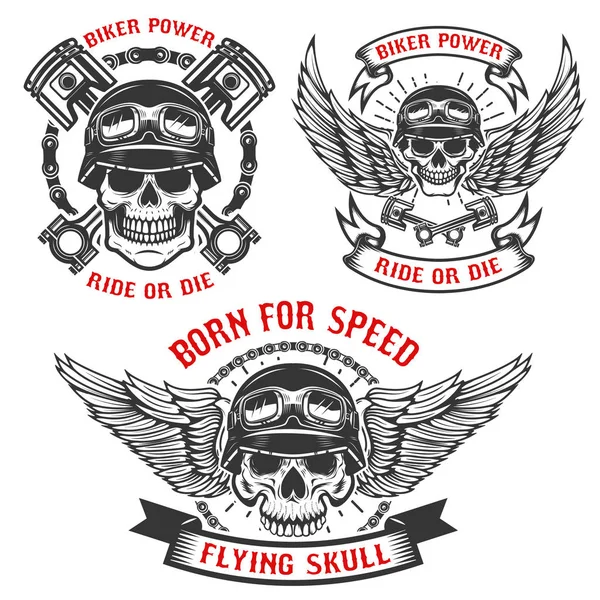 Hız için tarihi. Kask, kanatları ve p ile motorcu kafatasları kümesi