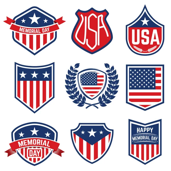 Conjunto de los emblemas con bandera americana. Día de los Caídos. Vector illu — Vector de stock