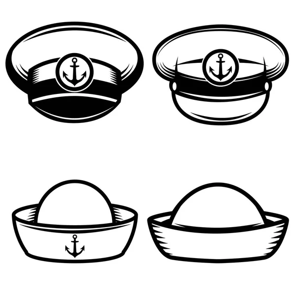 Denizciler şapka kümesi. Tasarım öğeleri için logo, etiket, amblemi, — Stok Vektör