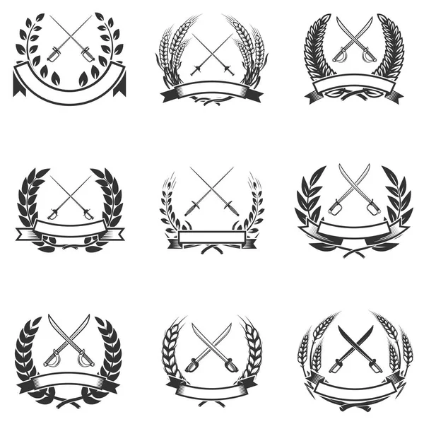 Set of the wreaths with swords. Design elements for logo, label, — Stock Vector