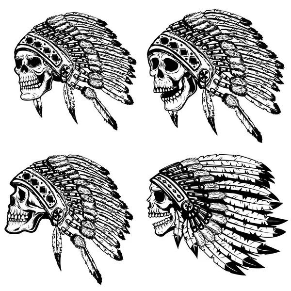 Set di teschi con copricapo nativo americano. Elementi di design — Vettoriale Stock