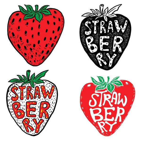 Handgezeichnete Etiketten für frische Erdbeeren isoliert auf weißem Hintergrund. — Stockvektor