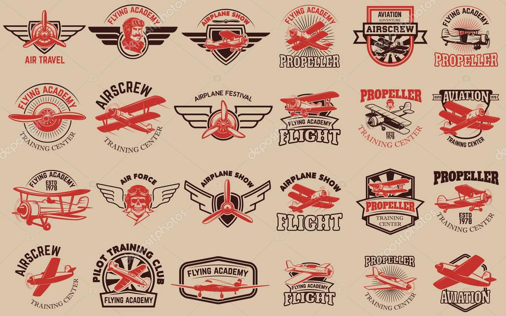 Set of airplane training center emblems. Design elements for logo, label, emblem, sign. Vector illustration.