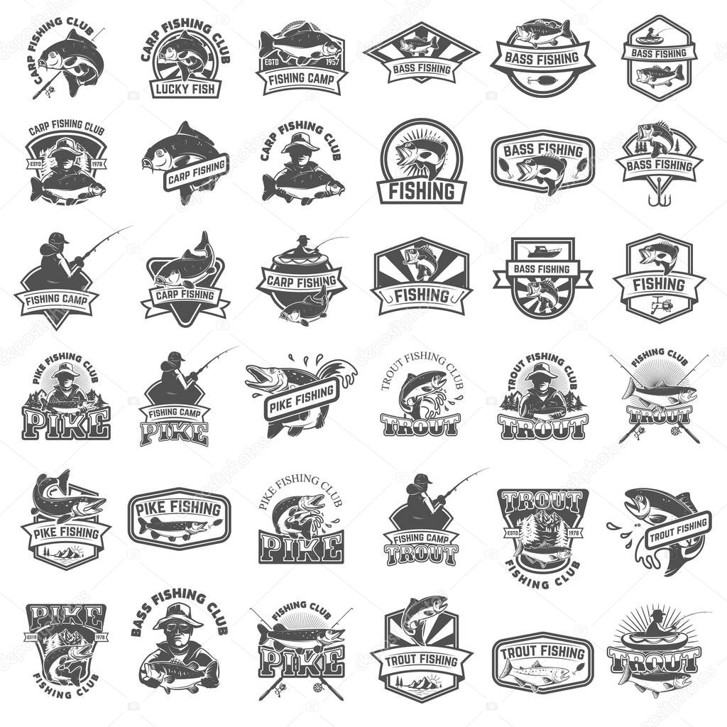 Big set of fishing icons. Carp fishing, trout fishing, bass fish