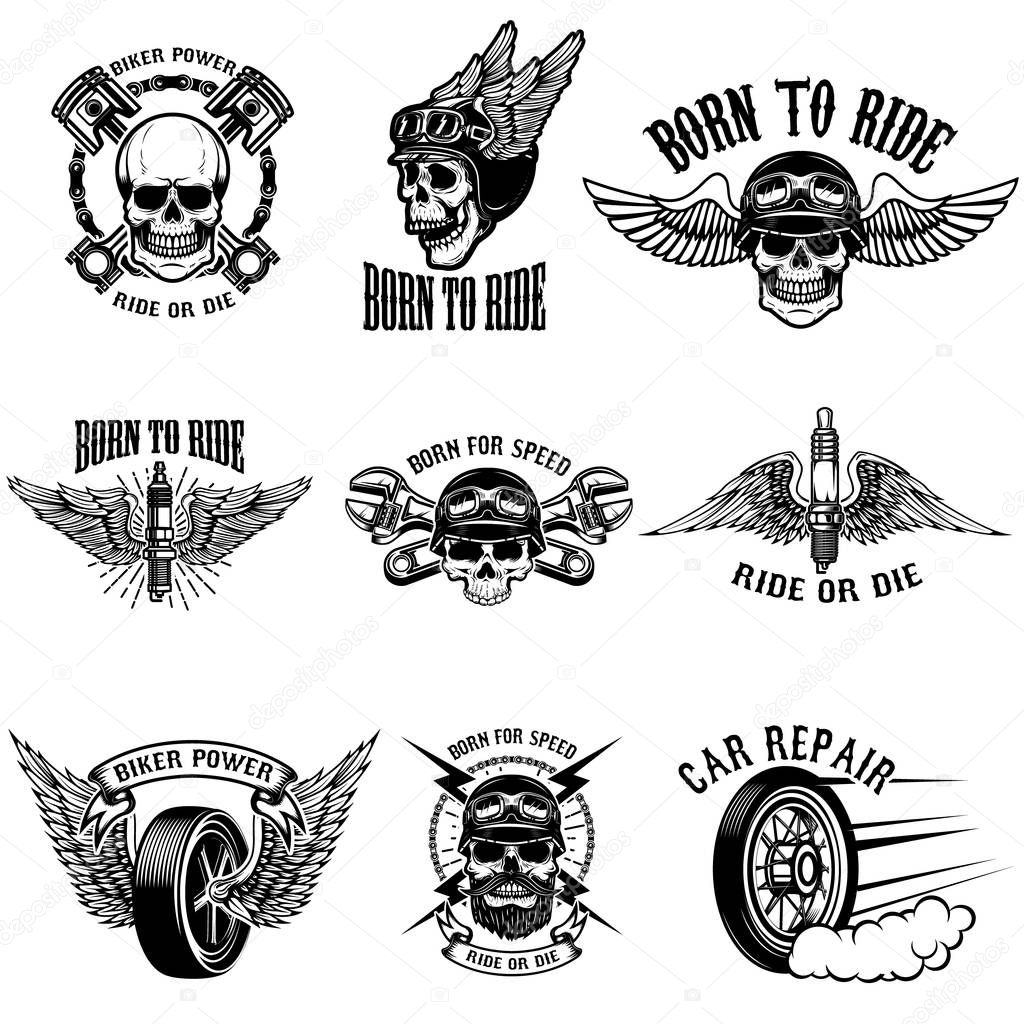 Set of biker emblems on white background. Racers skulls with win