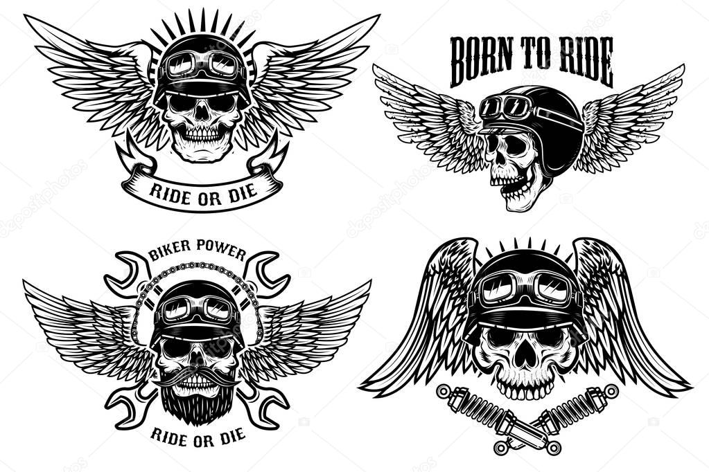 Born to ride. Set of biker skulls with wings and helmets on white background. Design elements for logo, label, emblem, sign, poster, t-shirt. Vector illustration