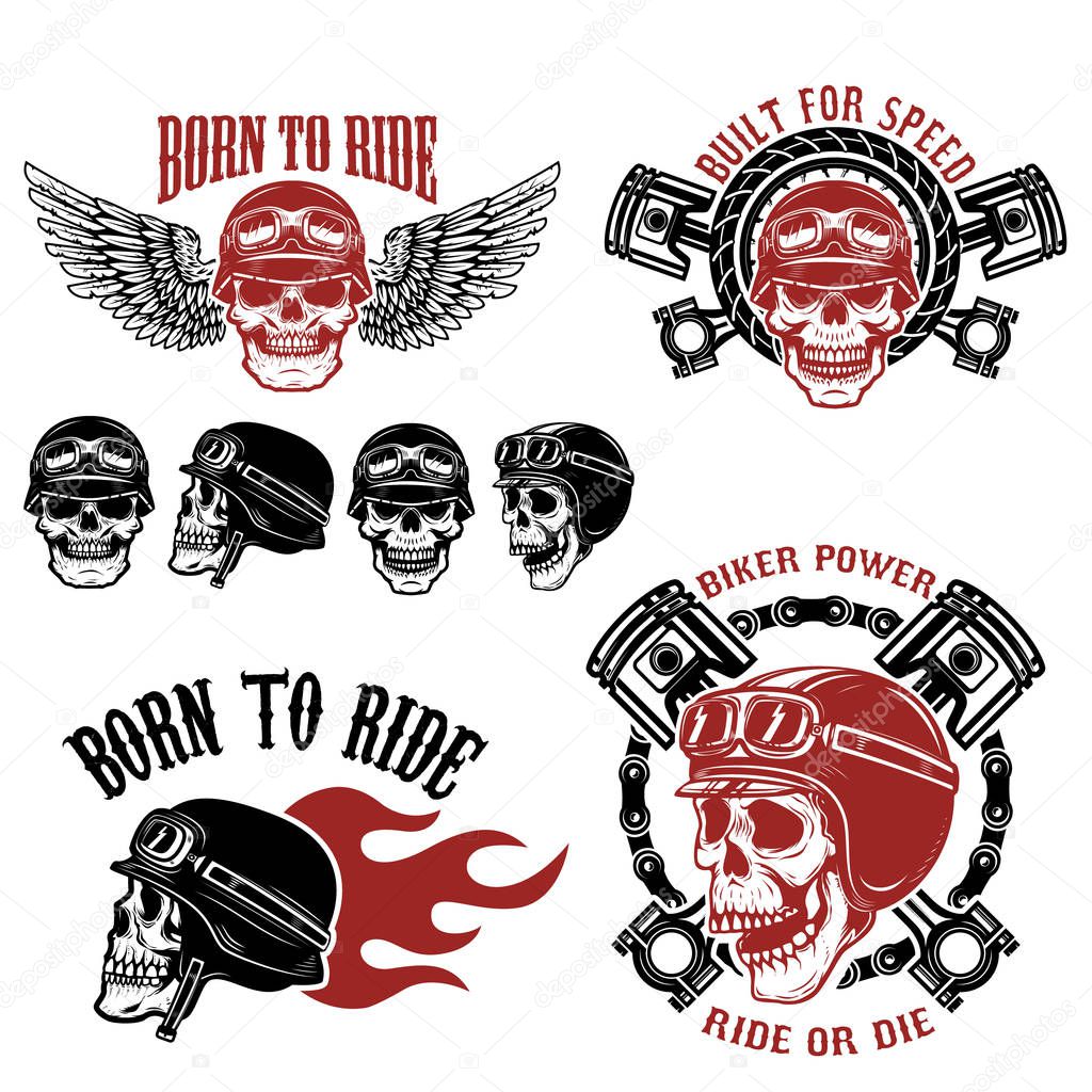 Born to ride. Set of the emblems with racer skulls. Biker club labels. Vector illustrations.