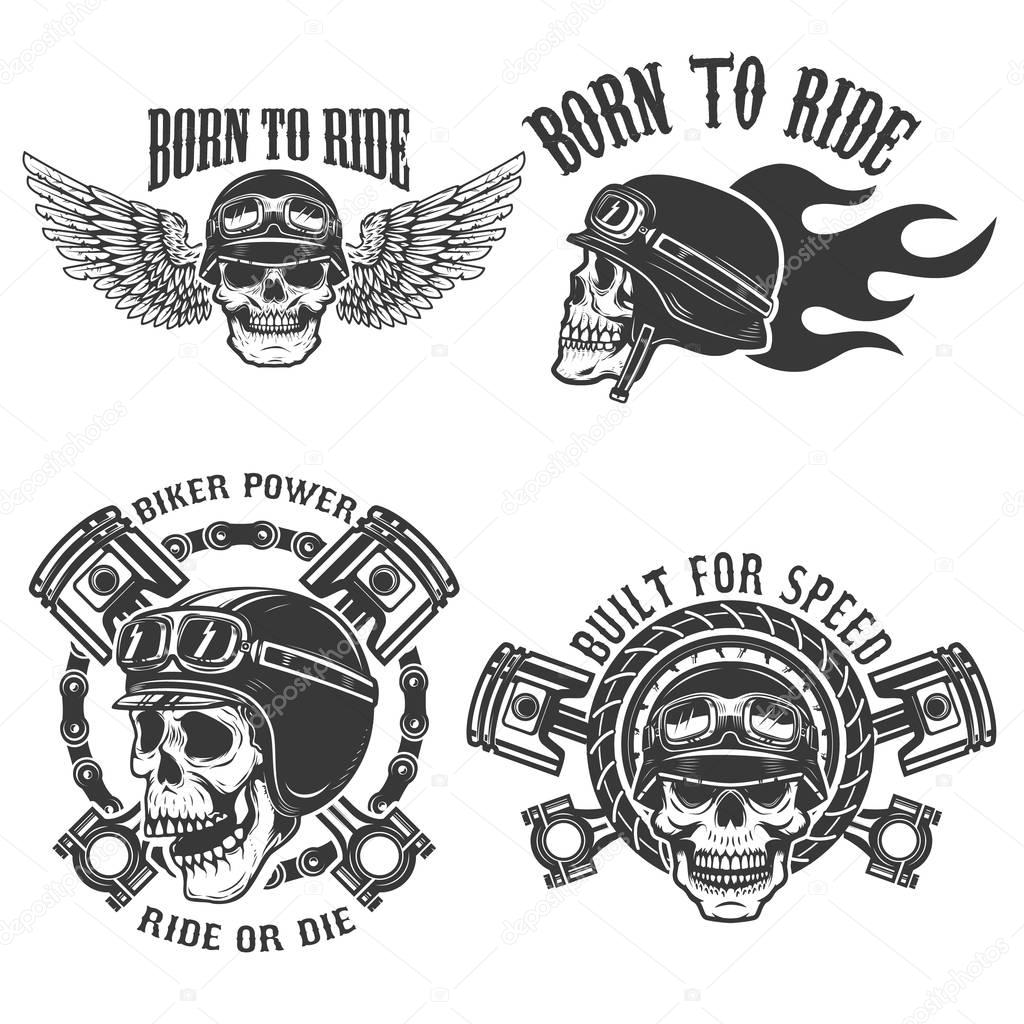 Born to ride. Set of the emblems with racer skulls. Biker club labels. Vector illustrations.