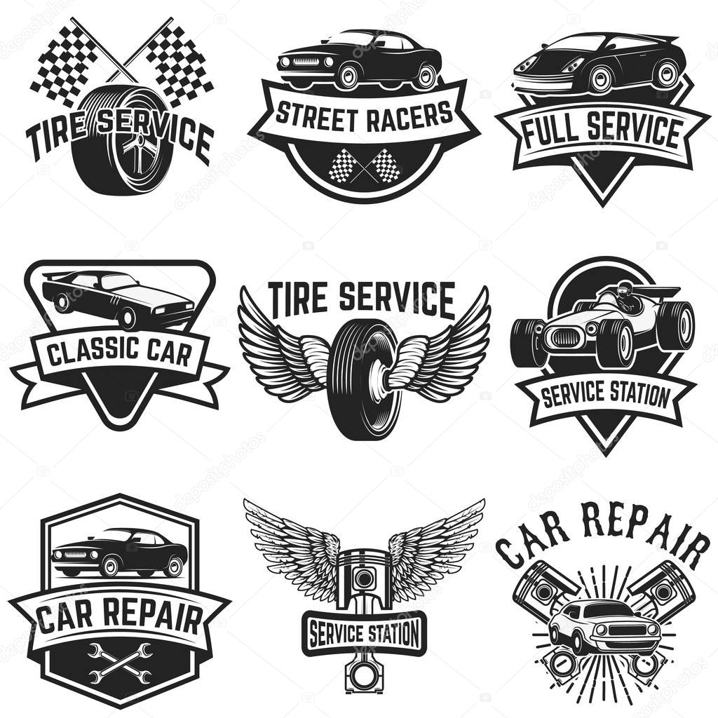 Set of tire service, car repair labels. Pistons, car wheels, repair tools. Design elements for logo, emblem, sign. Vector illustration