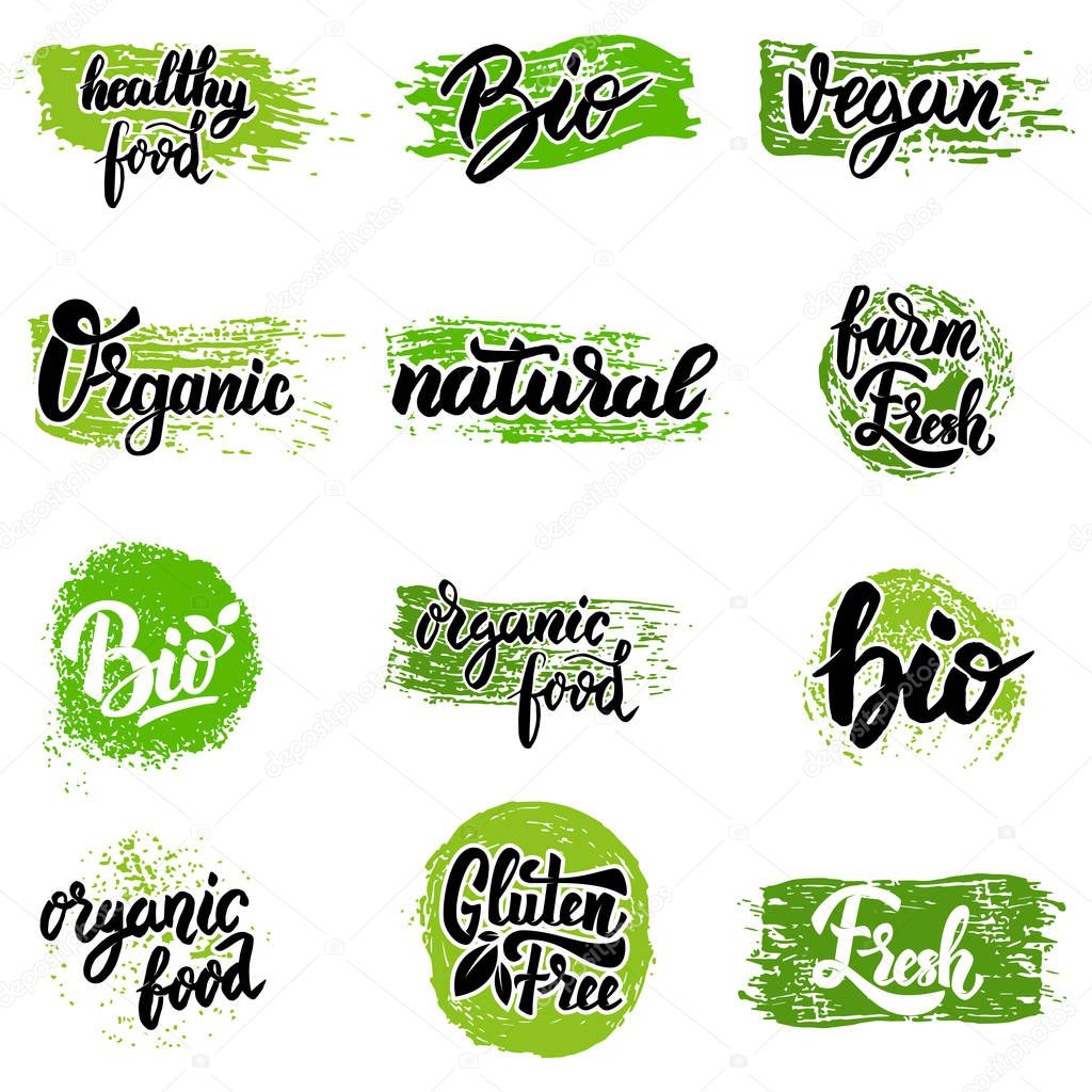 Set of hand drawn emblems. Eco food, organic food, bio, vegan, n