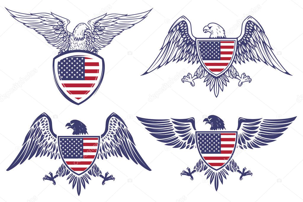 Set of the emblems with eagles on usa flag background. Design el