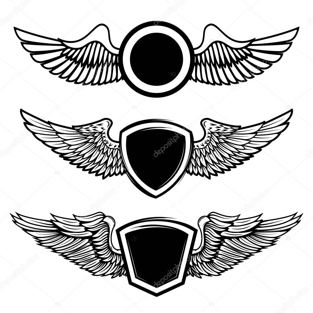 Set of the empty emblems with wings. Design elements for logo, label, badge, sign. Vector illustration