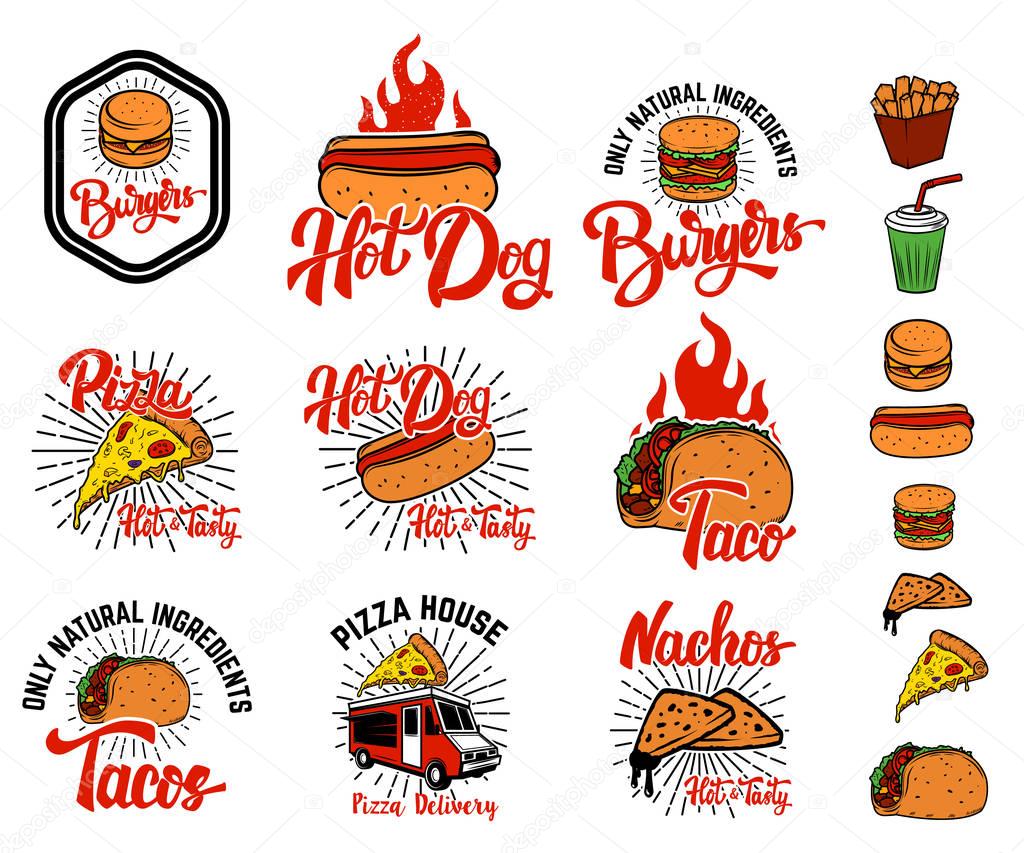 Set of hand drawn fast food emblems. Pizza, hot dog, burgers, ta