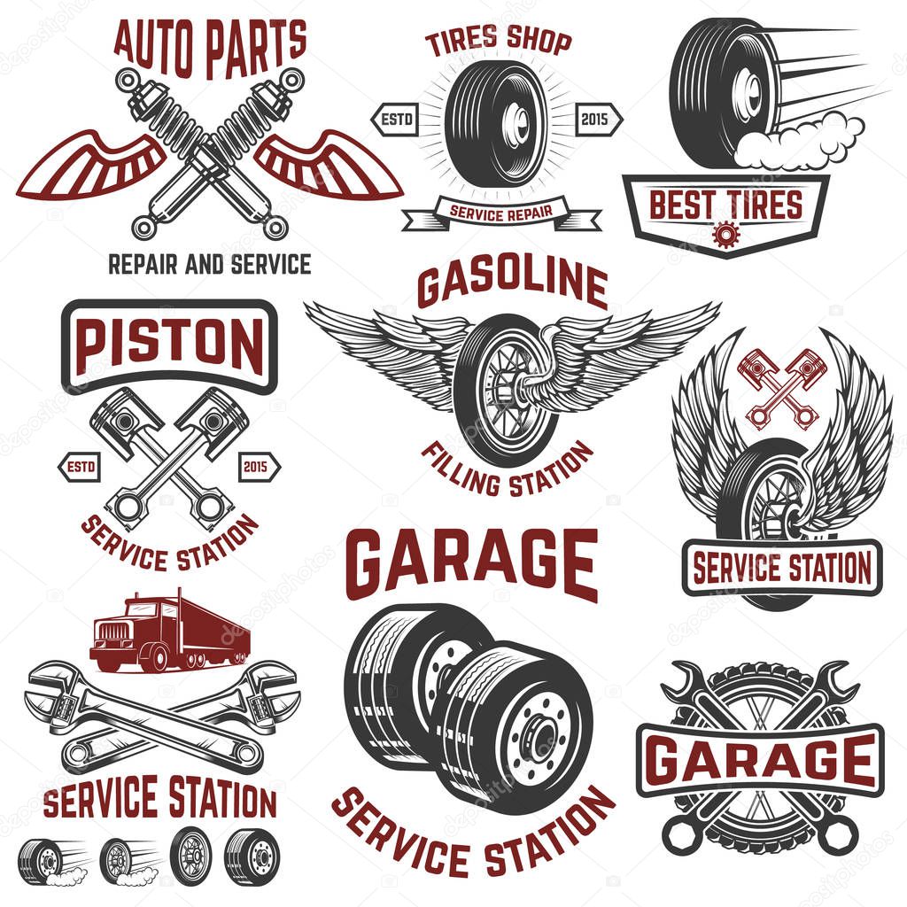 Garage, service station, tires shop, auto parts store. Design el