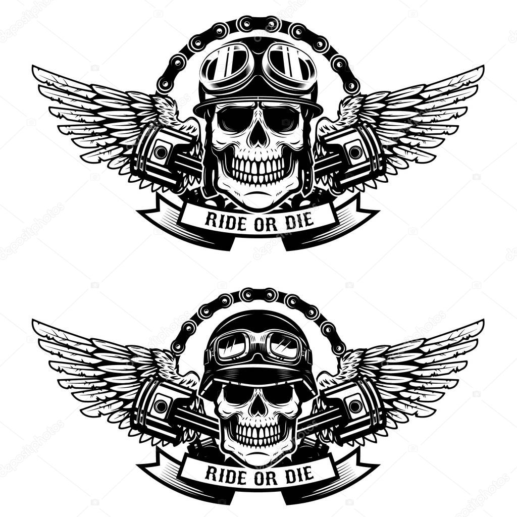 ride or die. Set of the skulls in racer helmets with wings isola