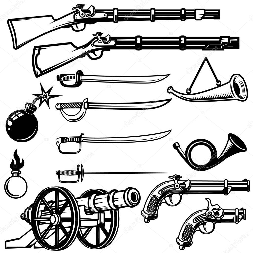 Set of ancient weapon. Muskets, saber, cannons, bombs. Design el