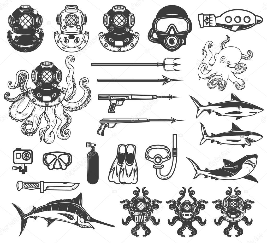 Big set of diving icons. Diver equipment, weapon, sea animals. Design elements for logo, label, emblem, sign, poster,t-shirt. Vector illustration