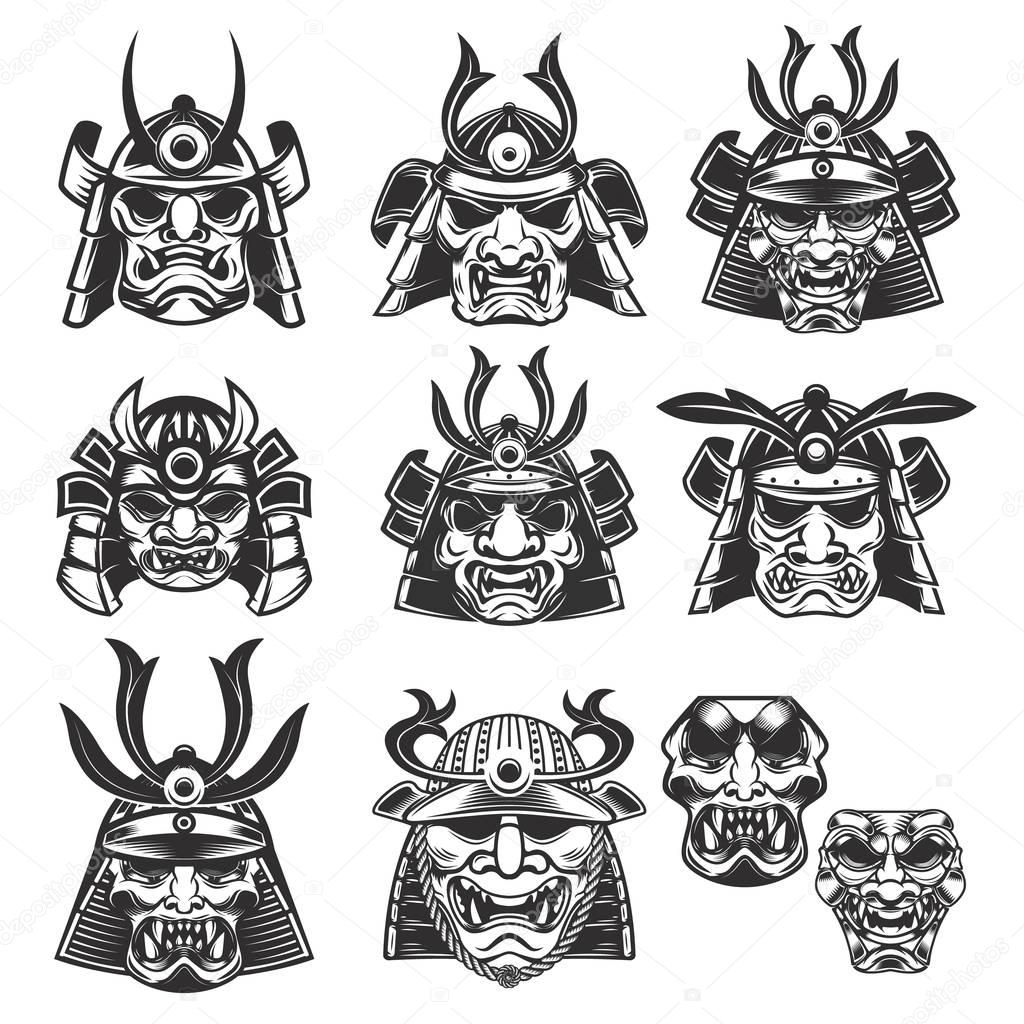 Set of samurai masks and helmets on white background. Design ele