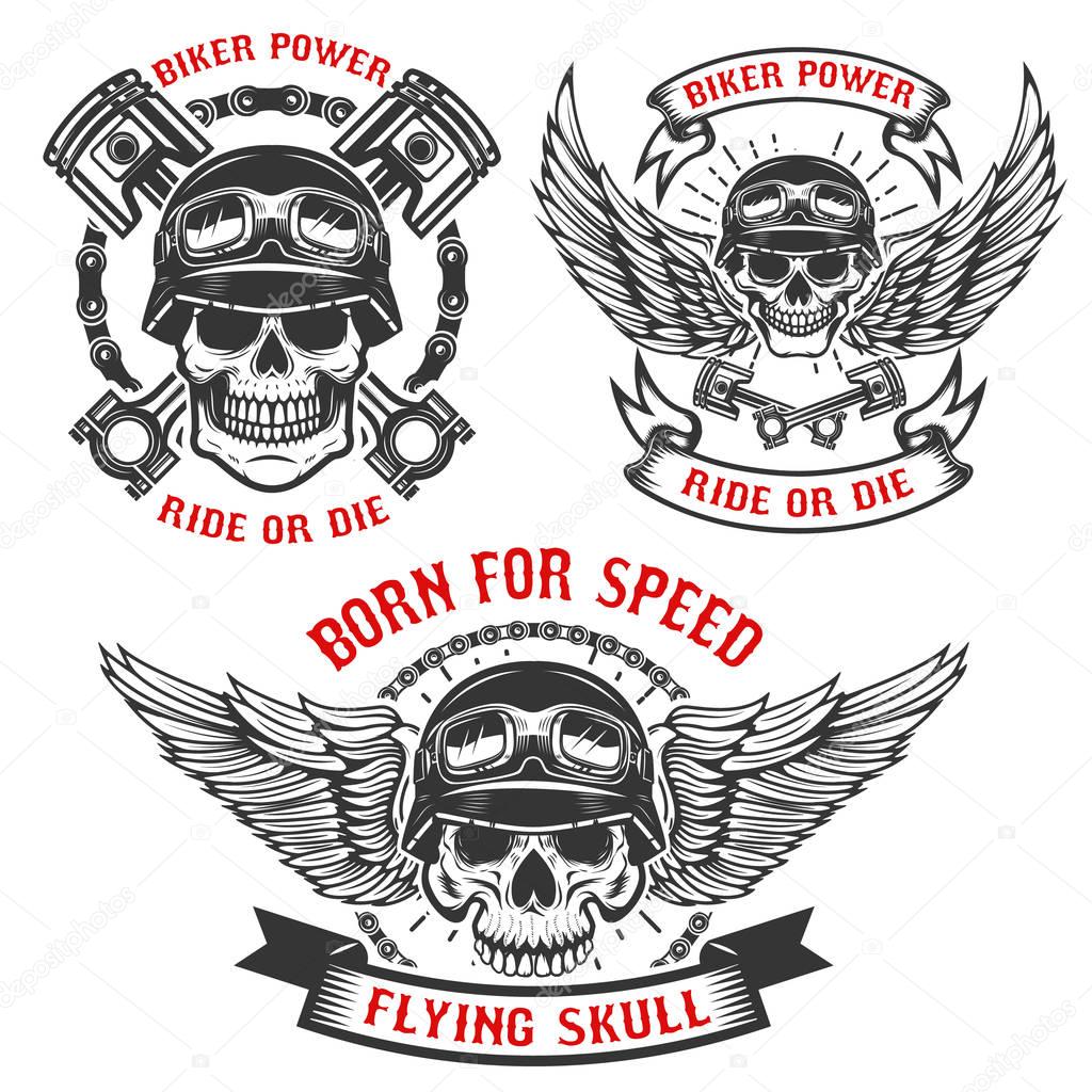 Born for speed. Set of biker skulls in helmets, with wings and p