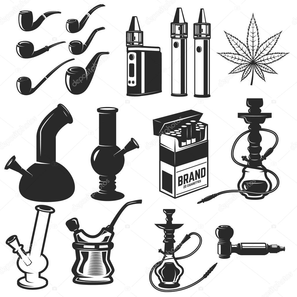 Set of smoking equipment. Bongs, vapes, smoking pipes, Hookah. Design elements for label, emblem, sign. Vector illustration
