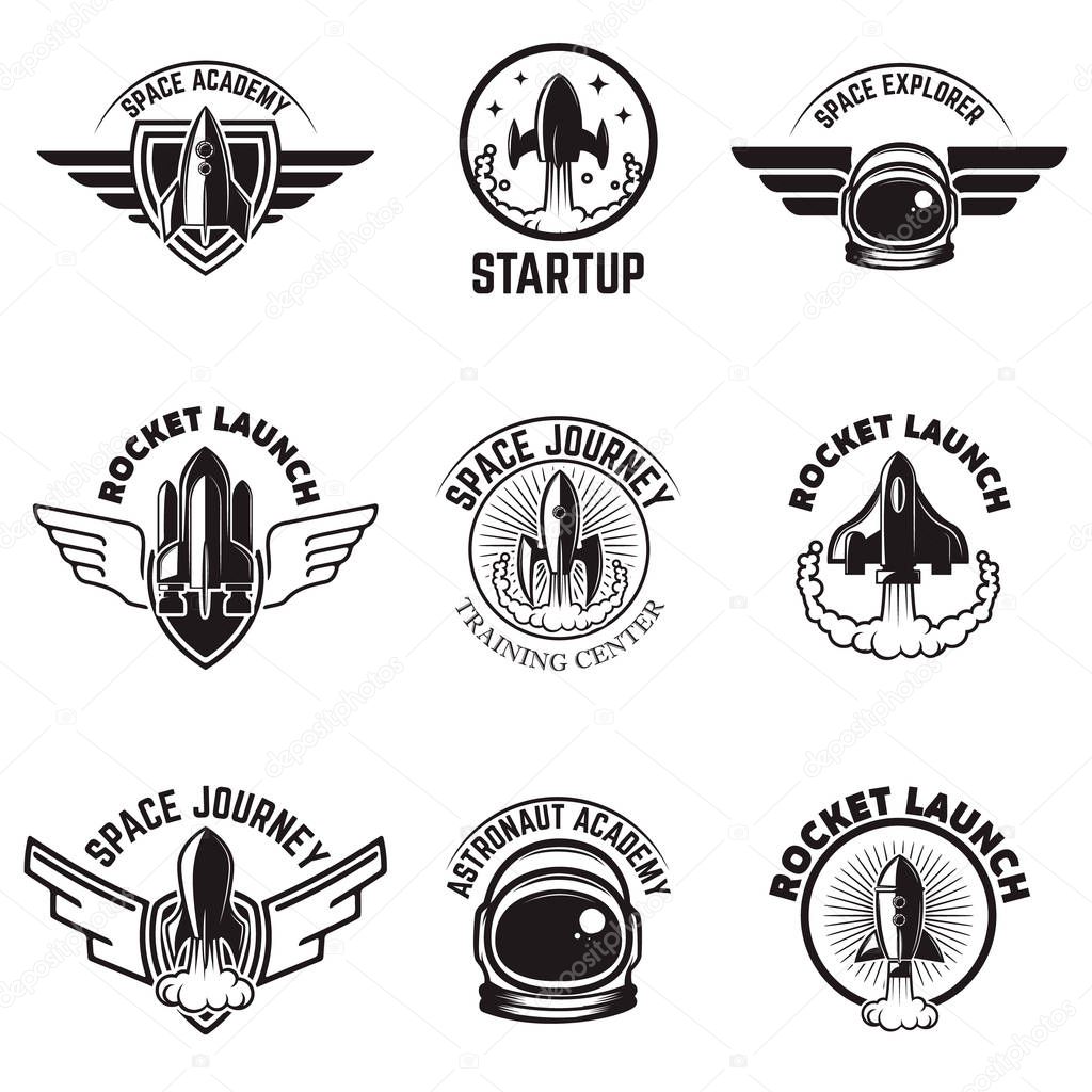 Set of Space labels. Rocket launch, astronaut academy. Design elements for logo, label, emblem, sign. Vector illustration