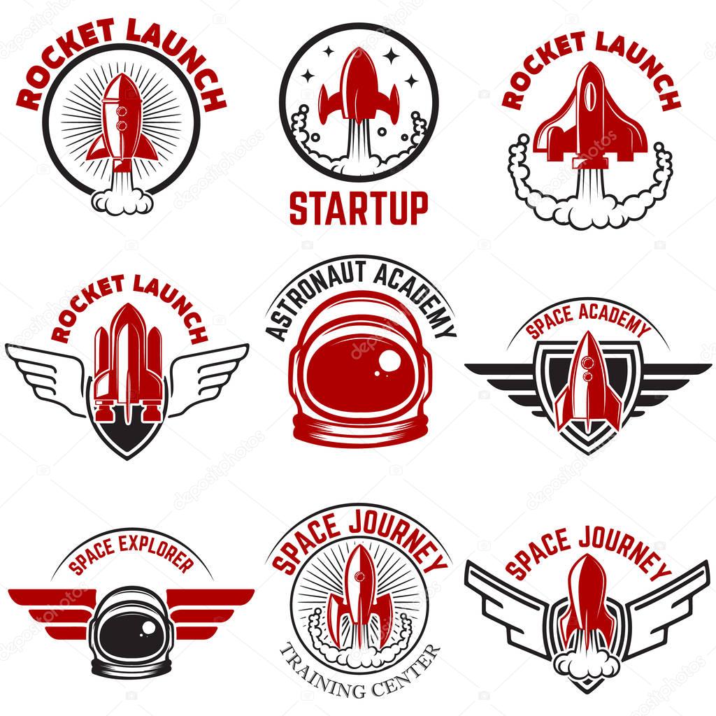 Space labels. Rocket launch, astronaut academy. Design elements for logo, label, emblem, sign. Vector illustration.