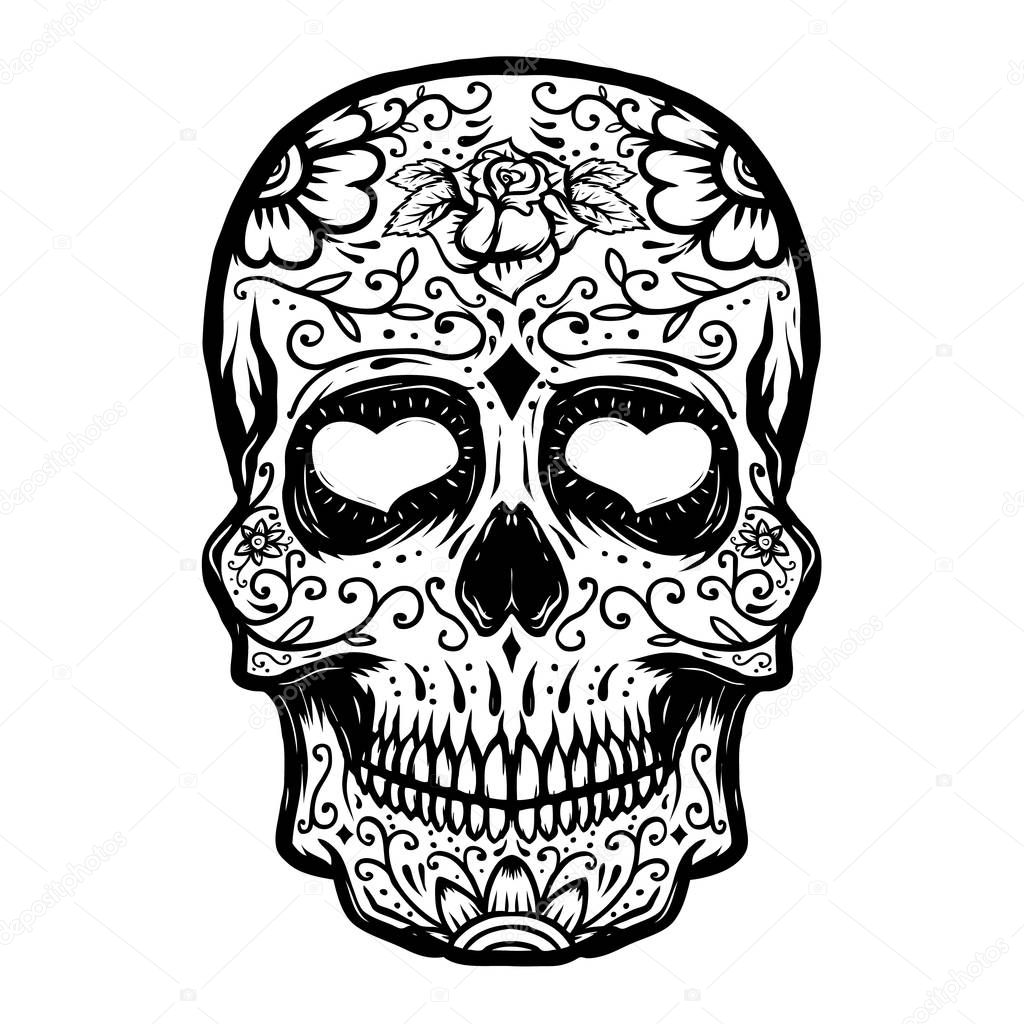 Hand drawn Sugar skull isolated on white background. Day of the