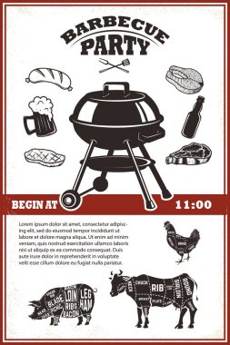 Vintage Barbekü parti poster şablonu. Panjur, biftek, et, bira bott