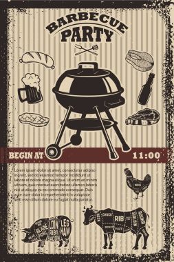 Barbekü partisi el ilanı şablonu. Izgara, yangın, ızgara et, bira,