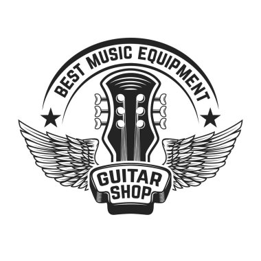 Gitar Dükkanı etiketi şablonu. Gitar kafa kanatlı. Tasarım eleme