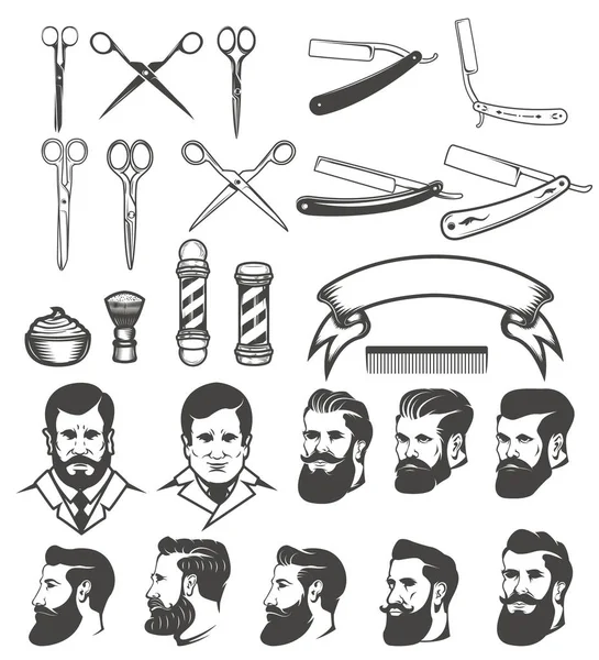 Conjunto de herramientas de peluquería. Cabezas de hombre. Elementos de diseño para logo, laboratorio — Vector de stock