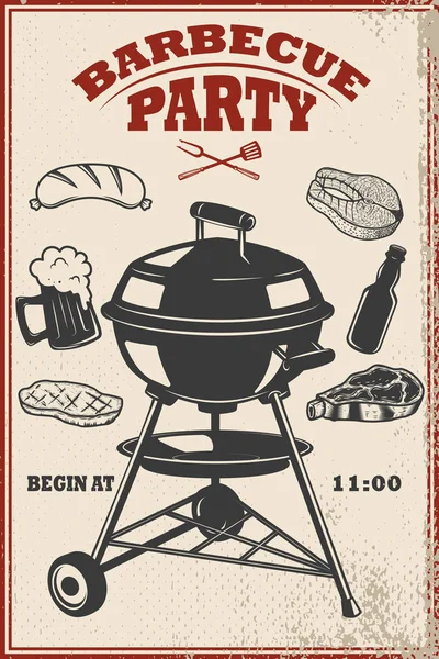 Μπάρμπεκιου πάρτι flyer πρότυπο. Σχάρα, φωτιά, ψητά κρέατα, μπύρα, — Διανυσματικό Αρχείο