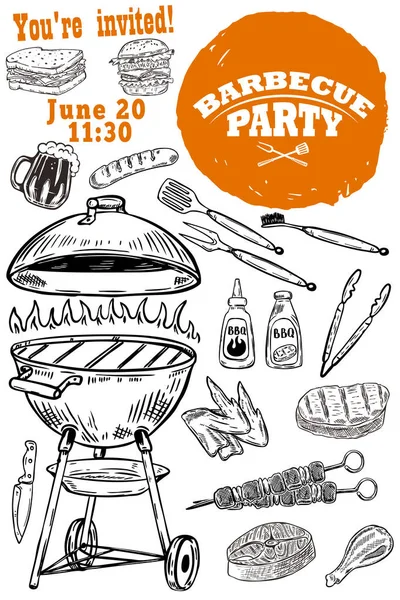Modello di invito alla festa barbecue. BBQ disegnato a mano e Grill des — Vettoriale Stock